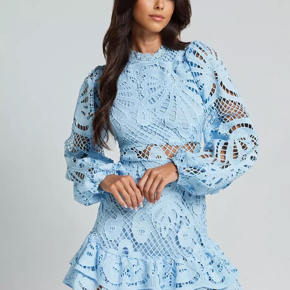 Showpo Kiss Me Now Mini Dress - Long Puff Sleeve Dress in Soft Blue - brand new